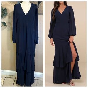 NWT Tier Elegance Navy Long Sleeve Tiered Maxi Dress